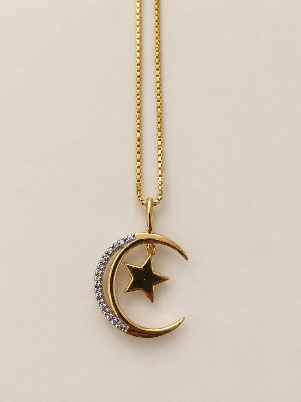18" Gold Over 925 Moon & Star With Real Diamonds Necklace